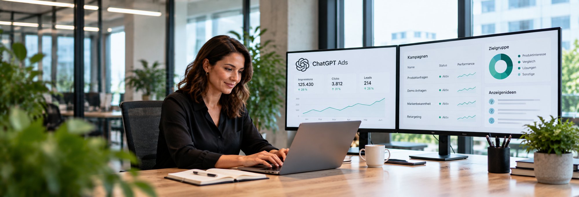 Moderne Büroarbeit mit ChatGPT-Ads-Dashboard