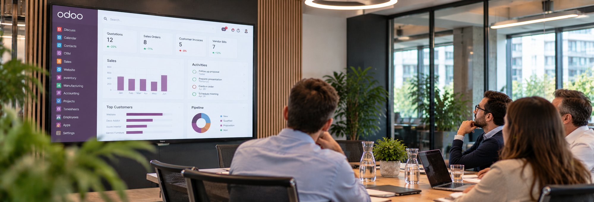 Modernes Büromeeting mit ERP-Dashboard