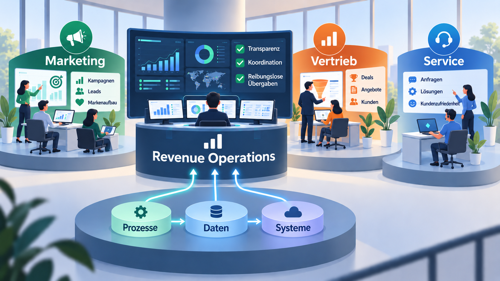 Illustration eines Revenue-Operations-Leitstands, der Marketing, Vertrieb und Service über gemeinsame Prozesse, Daten und Systeme verbindet.